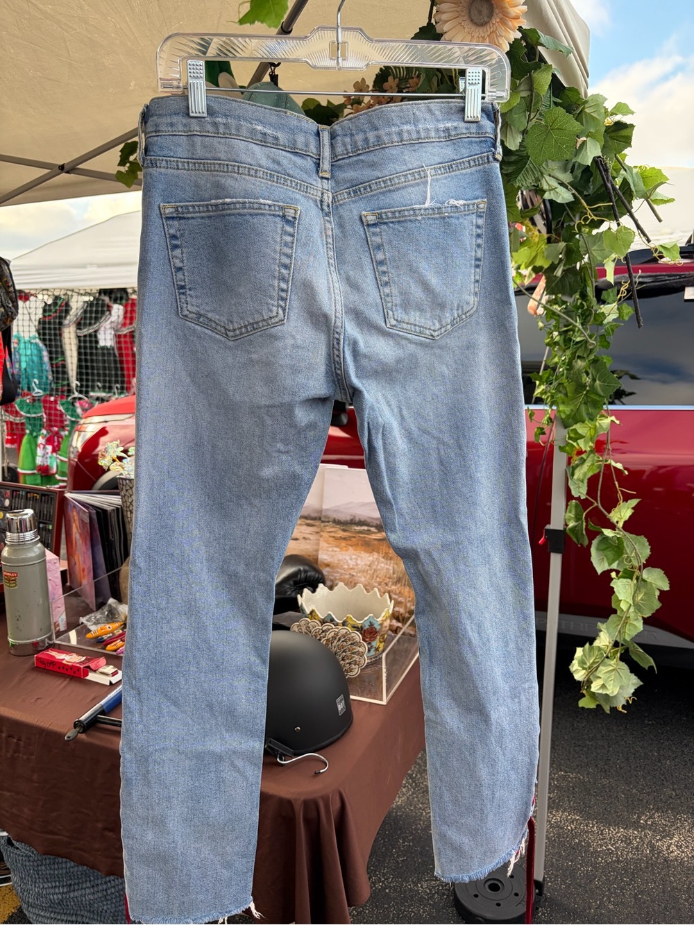 Pilcro Light Blue Denim Boyfriend Jeans with Red Velvet Lace-Up Side - Picture 4 of 7